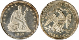1867 Liberty Seated Quarter. Proof-64 Cameo (PCGS).

Dusted with pale silver-gray iridescence that appears to deepen a bit at the rims. Both sides are...