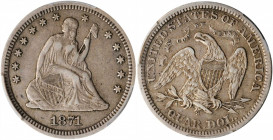 1871-S Liberty Seated Quarter. Briggs 1-A, the only known dies. VF-30 (PCGS).

Attractive olive and dove-gray patina blankets remarkably smooth, probl...
