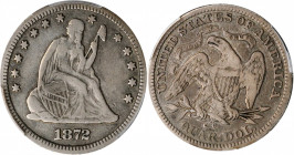 1872-CC Liberty Seated Quarter. Briggs 1-A, the only known dies. Fine-15 (PCGS).

Blended silver and olive-gray patina provides an attractively origin...