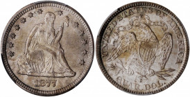 1877-CC Liberty Seated Quarter. MS-65 (PCGS). CAC.

A beautiful satiny Gem with golden-silver surfaces and some streaky color on the reverse. Mark-fre...