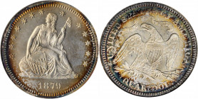 1879 Liberty Seated Quarter. Proof-64 (NGC). CAC. OH.

This engaging piece exhibits iridescent multicolored toning around the peripheries. The limited...