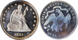 1881 Liberty Seated Quarter. Proof-67 Cameo (PCGS).

Silky-smooth surfaces are free of detracting contact and solidly graded at the Superb Gem level. ...
