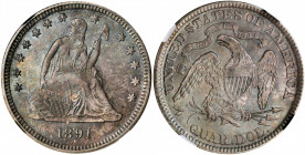 1891 Liberty Seated Quarter. MS-67 (NGC).

A remarkable Superb Gem example of this final year Liberty Seated quarter. Intense satiny cartwheel luster ...