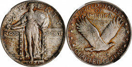 1921 Standing Liberty Quarter. MS-66 (NGC). CAC.

Olive and argent-gray combine with speckles of apricot iridescence on both sides of this delightful ...