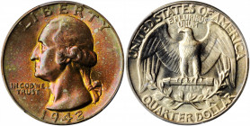 1942 Washington Quarter. MS-67+ (PCGS). CAC.

Whereas the reverse is minimally toned in iridescent champagne-gold, the obverse is dressed in vivid ora...
