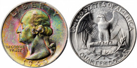 1945-S Washington Quarter. MS-67+ (PCGS).

Blended jade-green, sunset-gold, apricot, and purple iridescence is confined to the obverse, leaving the re...