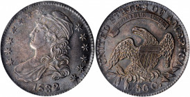 1832 Capped Bust Half Dollar. O-115. Rarity-1. Small Letters. MS-64 (NGC).

Richly toned in a blend of steel-olive and rose-gray, satiny surfaces are ...