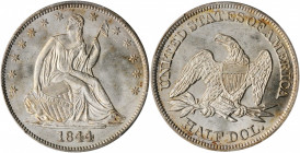 1844 Liberty Seated Half Dollar. WB-13. Rarity-3. MS-64 (PCGS).

Original satiny brilliance is seen on both sides of this sharply struck and highly lu...
