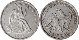 1856-S Liberty Seated Half Dollar. WB-2. Rarity-4. EF-45 (PCGS).

Even light pewter-gray surfaces with most design elements retaining sharp striking d...