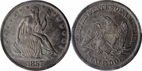 1857-S Liberty Seated Half Dollar. WB-3. Rarity-4. Misplaced Date, Medium S. AU-50 (PCGS).

Variegated steel and pewter-gray shades blanket both sides...