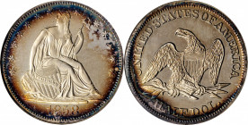 1858 Liberty Seated Half Dollar. Proof-63 (NGC). CAC.

Peripherally toned in cobalt blue and reddish-gold, the centers are more lightly patinated in i...