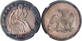 1865 Liberty Seated Half Dollar. Proof-64 (NGC).

This pretty Choice specimen exhibits a halo of rich steel-blue iridescence around the obverse periph...