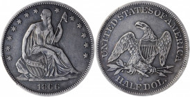 1866-S Liberty Seated Half Dollar. No Motto. WB-1. Rarity-4. Late Die State. EF-40 (PCGS).

Rich steely-charcoal patina blankets surfaces that retain ...