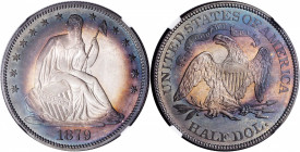 1879 Liberty Seated Half Dollar. WB-101. Type I Reverse. Proof-67 (NGC).

Deep blue-gray and argent peripheral toning frames both sides. Essentially s...