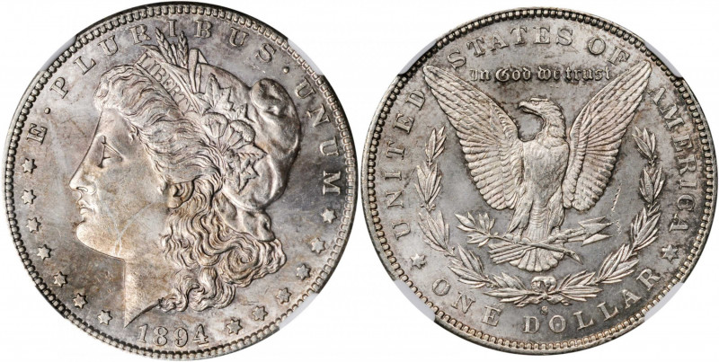 1894-S Morgan Silver Dollar. MS-64 (NGC).

Light, mottled golden-tan iridescence...