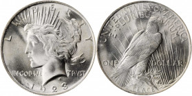 1923 Peace Silver Dollar. MS-67 (PCGS).

Drenched in frosty mint luster, this brilliant and beautiful coin also offers impressively sharp striking det...