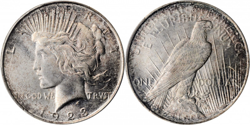 1923-D Peace Silver Dollar. MS-66+ (PCGS).

Beautiful frosty surfaces are toned ...