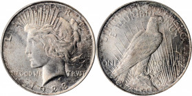 1923-D Peace Silver Dollar. MS-66+ (PCGS).

Beautiful frosty surfaces are toned in speckled reddish-copper and cobalt blue iridescence that is boldest...