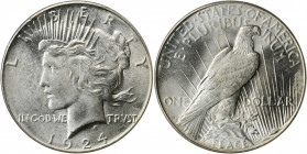 1924-S Peace Silver Dollar. MS-64+ (PCGS).

Mostly brilliant with bright, frosty luster and a good strike. Hints of golden patina are reported on the ...