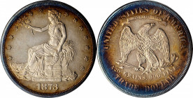 1873 Trade Dollar. Proof-63 (NGC). CAC.

Vivid cobalt blue and reddish-apricot peripheral toning gives way to delicate golden iridescence toward the c...