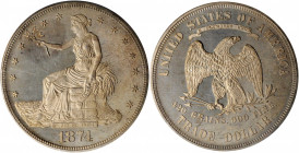 1874 Trade Dollar. Proof-63 (PCGS). OGH.

Dusky sandy-silver patina blankets both sides of this sharply struck and handsome specimen. The Philadelphia...