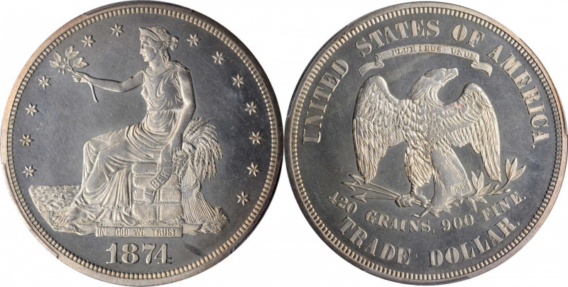 1874 Trade Dollar. Proof-62 Cameo (PCGS).

Lightly and evenly toned in iridescen...