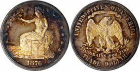 1876 Trade Dollar. Type I/II. Proof-64 (NGC). CAC. OH.

A beautiful specimen with mottled cobalt blue and reddish-apricot to a base of iridescent cham...