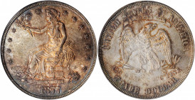 1877-S Trade Dollar. MS-64 (PCGS).

Mottled reddish-apricot iridescence adorns both sides, the central reverse remaining largely brilliant. Fully stru...