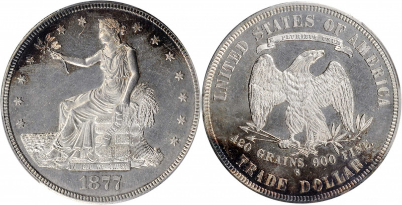 1877-S Trade Dollar. MS-63 PL (PCGS).

A particularly inviting type candidate fr...