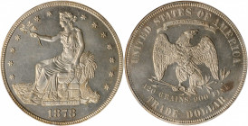1878 Trade Dollar. Proof-64 (NGC).

Dusted with light golden-gray iridescence, smartly impressed surfaces are well mirrored in the fields with a soft ...