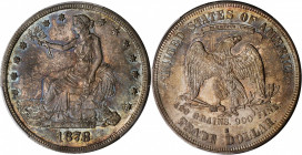 1878-S Trade Dollar. MS-64 (PCGS).

This handsome near-Gem is bathed in a blend of rich golden-copper, azure-blue, and steel-gray patina. Satiny luste...