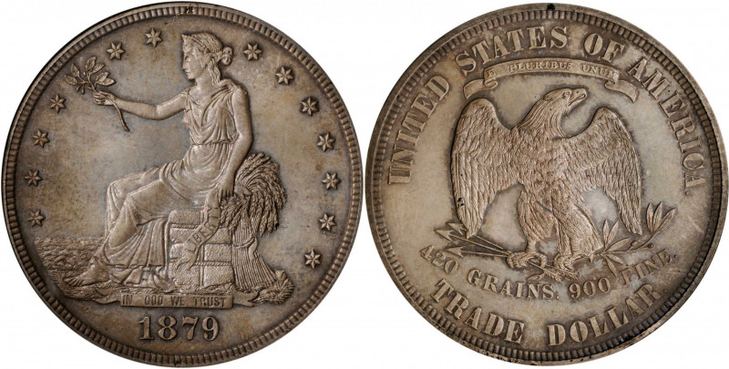 1879 Trade Dollar. Proof-63 (NGC).

Awash in warm pearl-gray patina, both sides ...