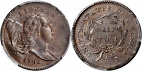 1794 Liberty Cap Half Cent. C-4a. Rarity-3. Normal Head. Small Edge Letters. MS-64+ BN (PCGS).

Lustrous and satiny surfaces exhibit a lovely blend of...