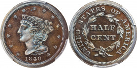 1840 Braided Hair Half Cent. Second Restrike. B-3. Rarity-6+. Small Berries, Reverse of 1840. Proof-66 BN (PCGS).

The counterpart to the original Pro...