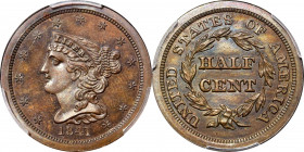 1841 Braided Hair Half Cent. Second Restrike. B-3. Rarity-6. Small Berries, Reverse of 1840. Proof-65+ BN (PCGS). CAC.

Fully impressed with broad, sq...
