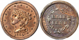 1844 Braided Hair Half Cent. First Restrike. B-2. Rarity-7+. Small Berries, Reverse of 1856. Proof-64 RB (PCGS). CAC.

A dazzling example of this scar...
