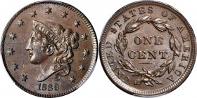 1839/6 Modified Matron Head Cent. N-1. Rarity-3. Plain Cords. Unc Details--Damage (PCGS).

Boldly to sharply struck overall, this is a strictly Mint S...
