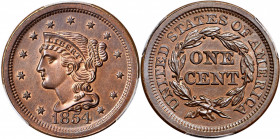 1854 Braided Hair Cent. N-12. Rarity-6 as a Proof. Proof-64 RB (PCGS). CAC.

Light violet mottling over much of the obverse gives this piece a slightl...