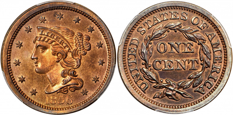 1856 Braided Hair Cent. N-5. Rarity-5. Slanted 5. Proof-66 RB (PCGS). CAC.

A be...
