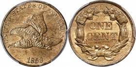 1858/7 Flying Eagle Cent. Snow-1, FS-301. Strong. Large Letters, High Leaves (Style of 1857), Type I. MS-64 (PCGS). CAC.

This Flying Eagle cent is an...