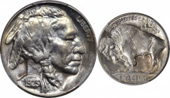1925-S Buffalo Nickel. MS-65 (PCGS).

Intense satin to softly frosted mint frost blends with iridescent gold, powder blue and pinkish-rose toning on b...