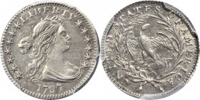 1797 Draped Bust Half Dime. LM-4. Rarity-6. 13 Stars. AU-53 (PCGS).

Light pewter-gray surfaces are satiny in texture with an uncommonly smooth appear...