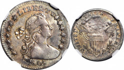 1805 Draped Bust Half Dime. LM-1, the only known dies. Rarity-4. AU-58 (NGC).

This coin displays remarkable near-Mint quality for this scarce and con...