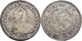1796 Draped Bust Quarter. B-2. Rarity-3. VG-8 (PCGS).

A predominantly pearl-gray example with a few blushes of light olive patina here and there arou...