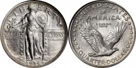 1916 Standing Liberty Quarter. MS-66 FH (NGC).

A magnificent example of this famed Type I issue. Bright snow-white surfaces are accented by subtle hi...