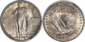 1916 Standing Liberty Quarter. MS-63 FH (PCGS).

Satiny surfaces are fully lustrous with delicate pinkish and powder-blue iridescence around the devic...
