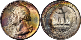 1946-S Washington Quarter. MS-68 (PCGS).

The most captivating toning in iridescent magenta, emerald green, sapphire and tangerine blends across the o...