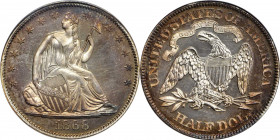 1868 Liberty Seated Half Dollar. Proof-67 Cameo (PCGS). CAC.

Radiant and pearly luster shines through on the central elements, framed by a lovely iri...