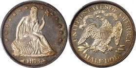 1873 Liberty Seated Half Dollar. Arrows. Proof-65 Cameo (PCGS). CAC.

A dazzling Gem with pale champagne toning at the centers and deeper bronze and s...