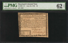 MD-117. Maryland. June 28, 1780. $3. PMG Uncirculated 62 EPQ.

No. 4307. Signed by Frederick Green and Thomas Johnson, Jr. A fully issued "Guaranteed ...